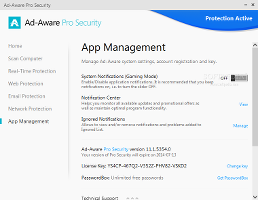 Showing the Ad-Aware Pro Security app management options